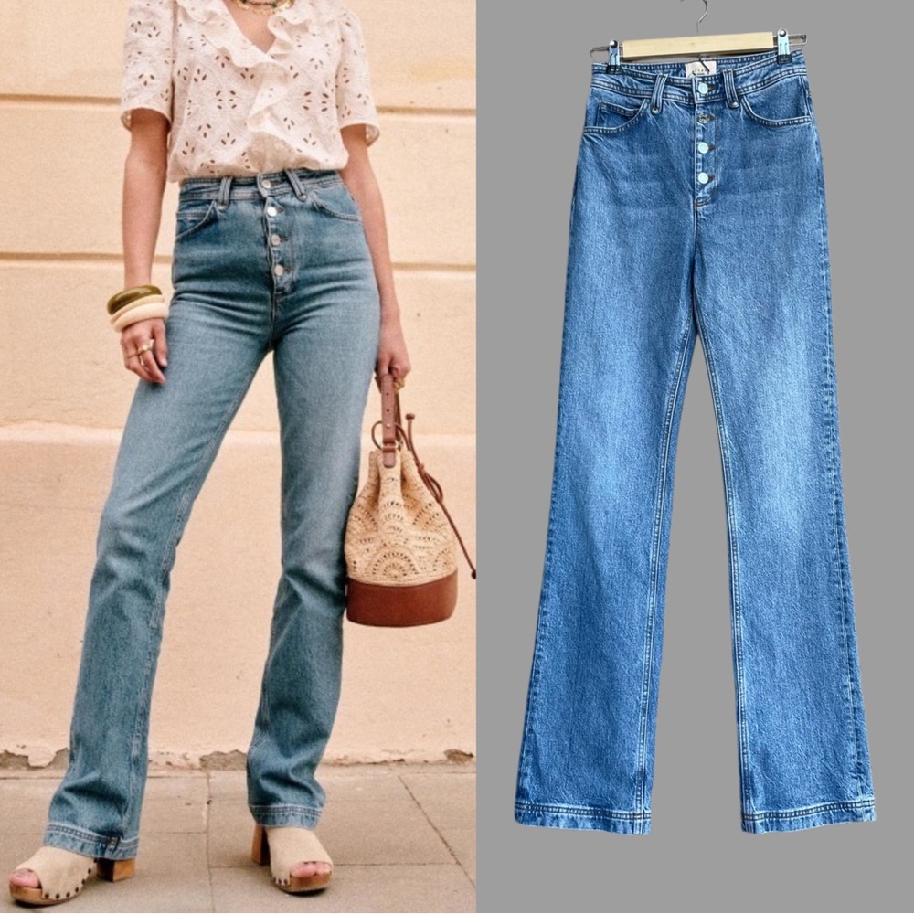 SEZANE High Waisted Button Fly Bootcut Jeans Denim Justin Trousers 34, US 0/2